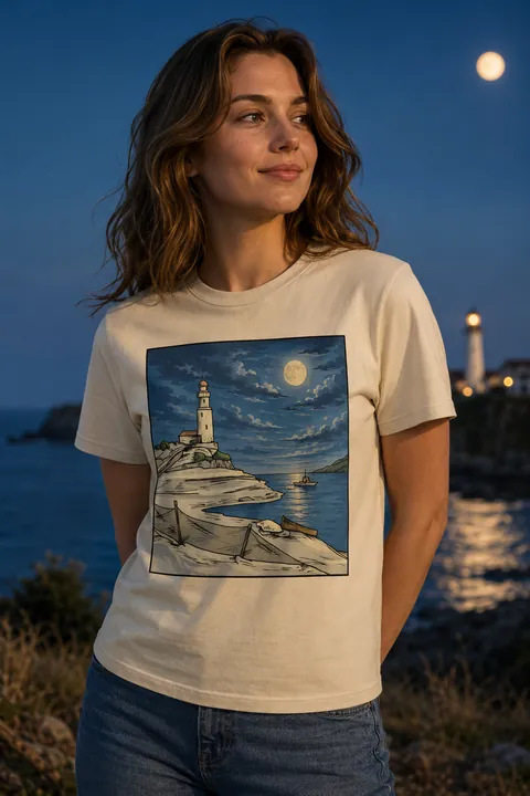 Moonlit Lighthouse artwork on a T-shirt