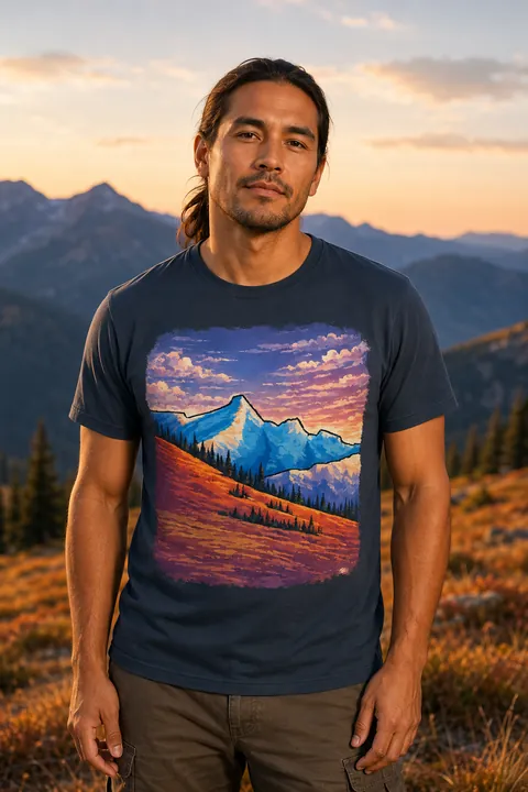Sunset Mountains artwork on a T-shirt